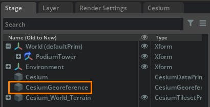 Cesium for Omniverse McNeel Rhino tutorial: From the stage, select the CesiumGeoreference prim to display its properties in the Property window.